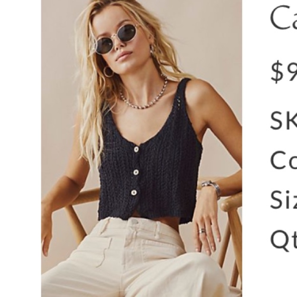 Free People Care FP Stanley Vest Crochet Crop Top XS Black
